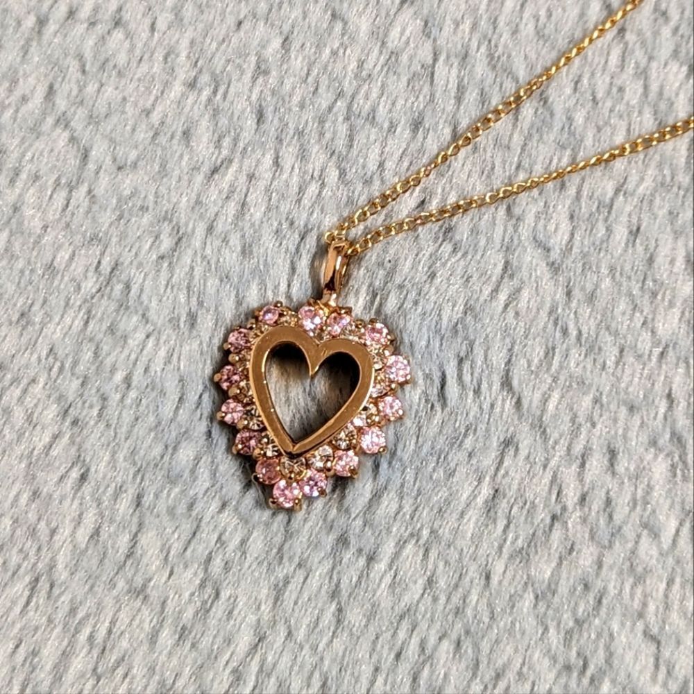 Heart Shaped Pendant w/ Clear & Pale Pink CZ's - Gold over Sterling Silver - Picture 11 of 14